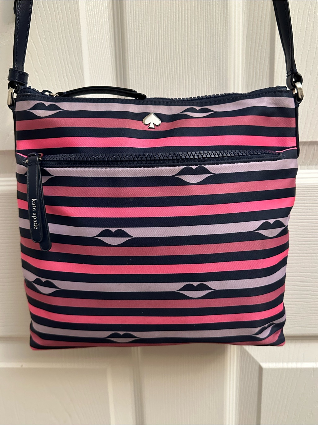 Kate Spade Pink And Navy Striped Lip-Print Crossbody Bag
